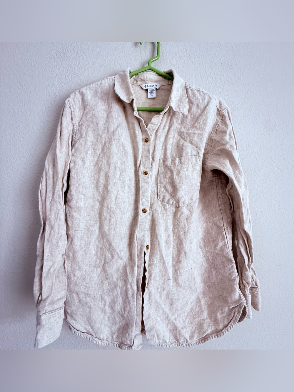 Athleta Linen Shirt Womens M Oatmeal Long Sleeve Button Down Casual Pocket Top